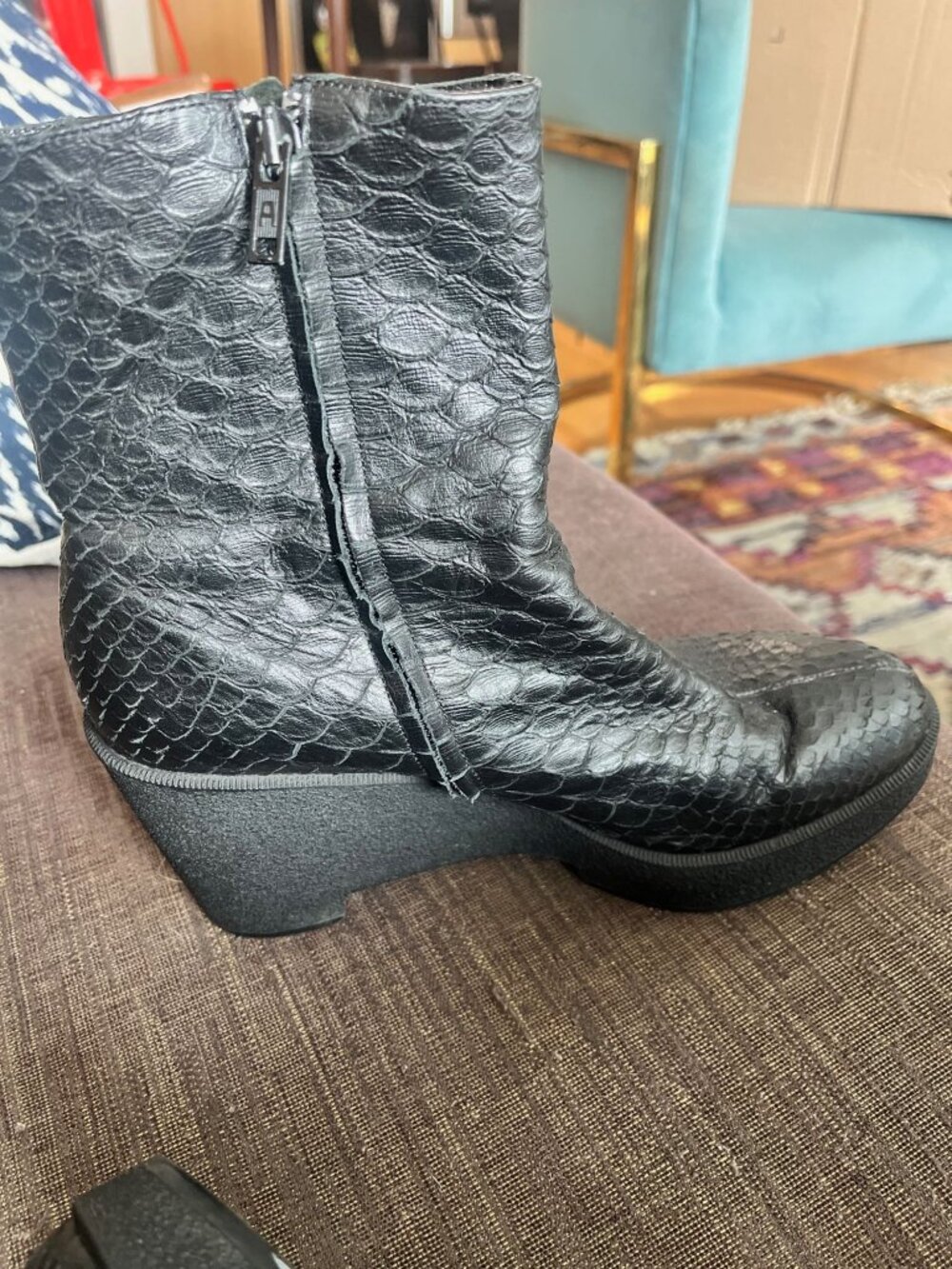 ROBERT CLERGERIE Black Leather Snake Embossed Goth Whimsigoth Wedge Ankle Boots - Picture 2 of 9